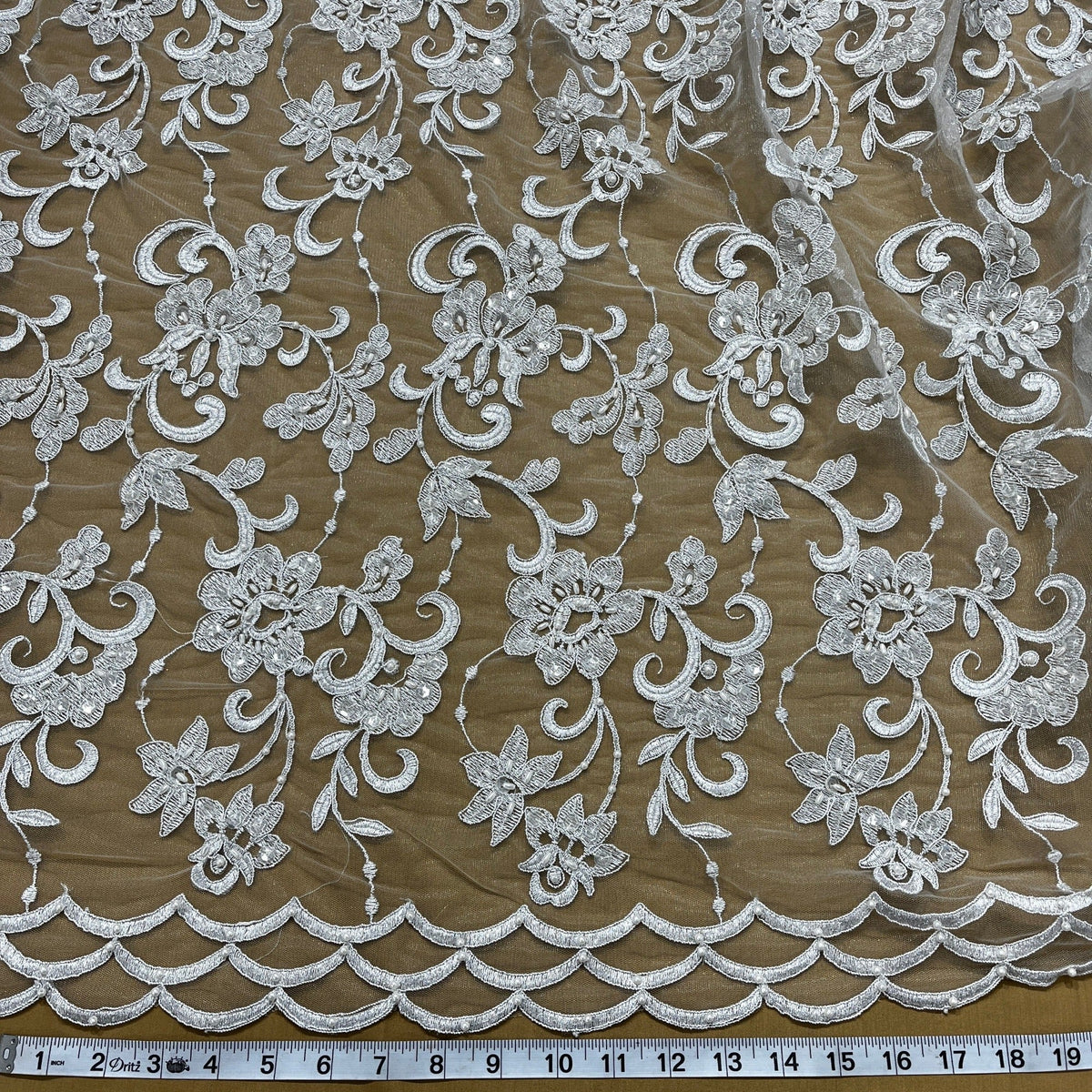 1 Yard Beaded & Corded Bridal Lace Fabric on 100% Polyester Net Mesh, Elegant Embroidered Design