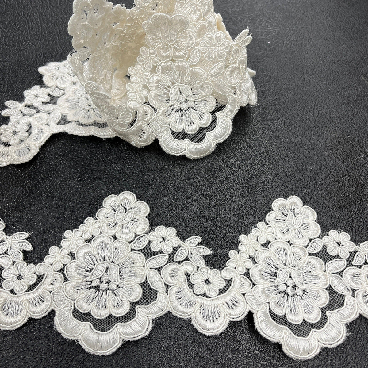 1 Yard 4 Inch Corded Lace Trimming Embroidered on 100% Polyester Net Mesh