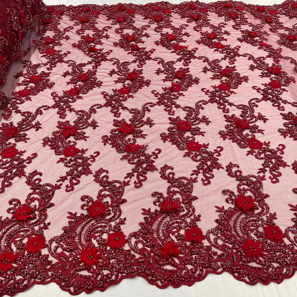 1 Yard Sage 3D Beaded Floral Embroidered Lace Fabric on Polyester Mesh, 52” Wide