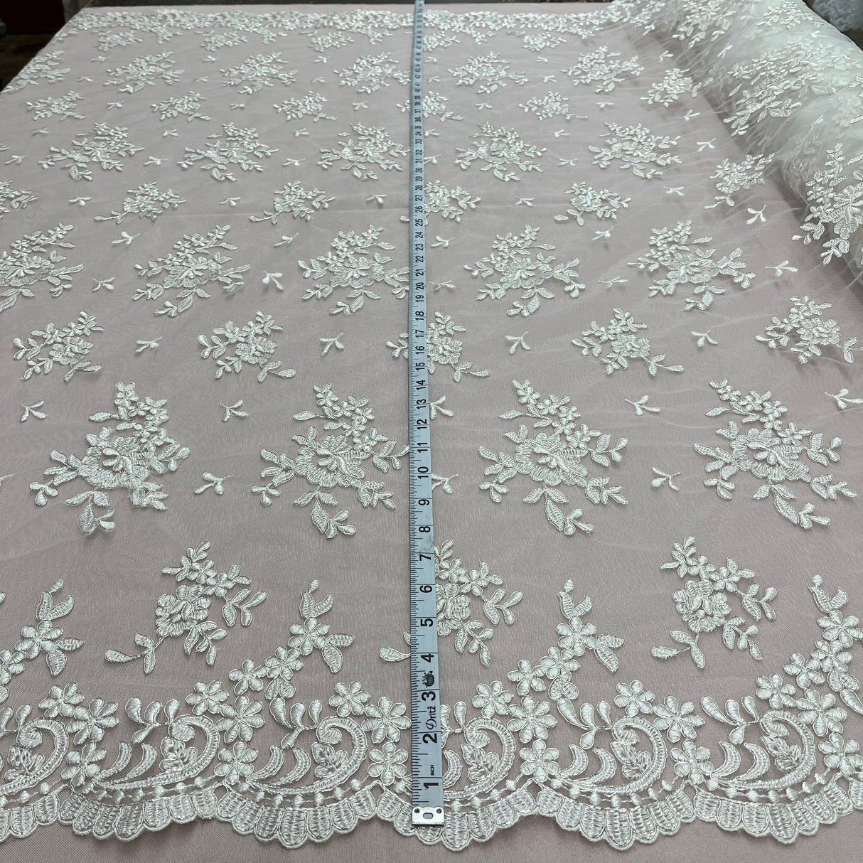 1 Yard Corded Bridal Lace Fabric Embroidered on 100% Polyester Net Mesh 53" Width
