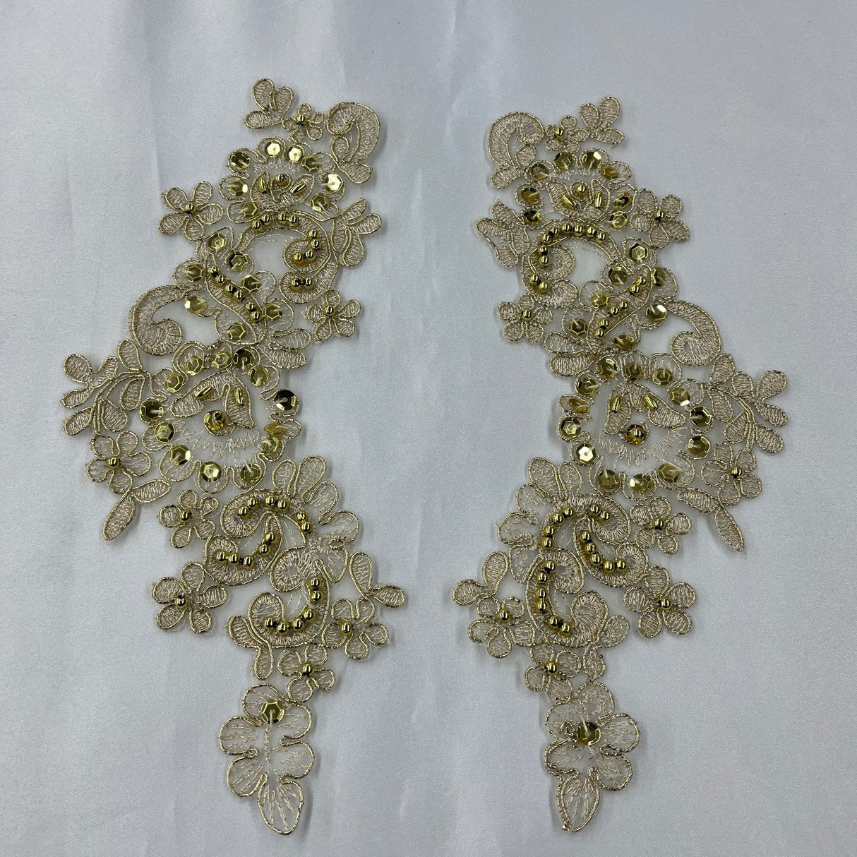 1 Pair 9" x 3" Each Side Beaded & Corded Floral Lace Applique Organza
