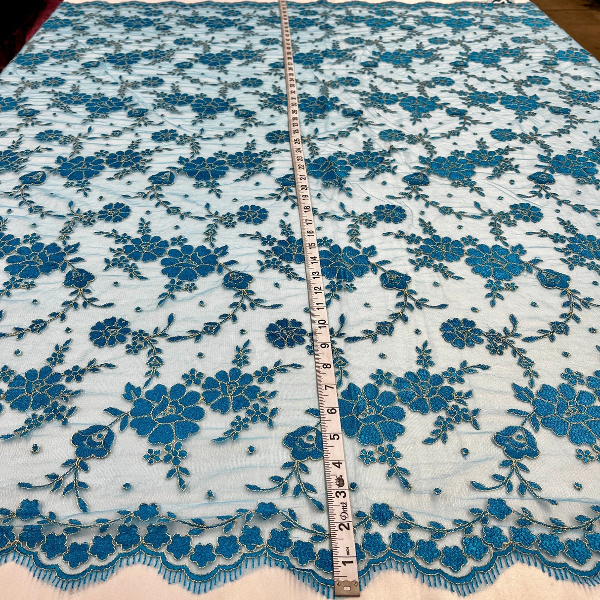 1 Yard Turquoise with Silver Lace Fabric Embroidered on Polyester Net Mesh 52 Inch Width