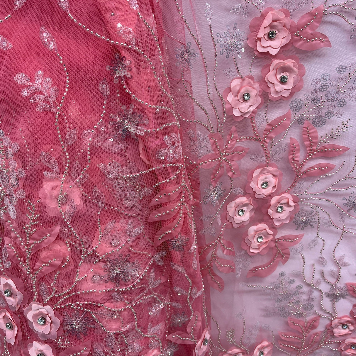 1 Yard Exquisite Off White Beaded 3D Floral Lace Fabric on Net Mesh 52 inch Width