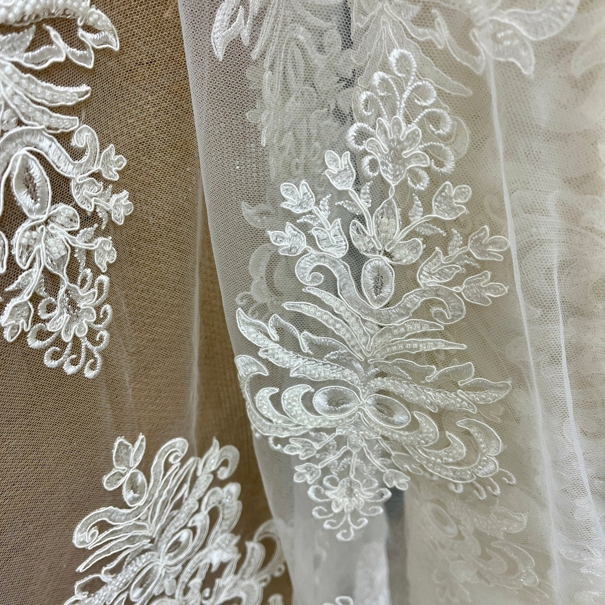1 Yard Beaded & Corded Embroidered Bridal Lace Fabric, 52” Wide Polyester Mesh Net,