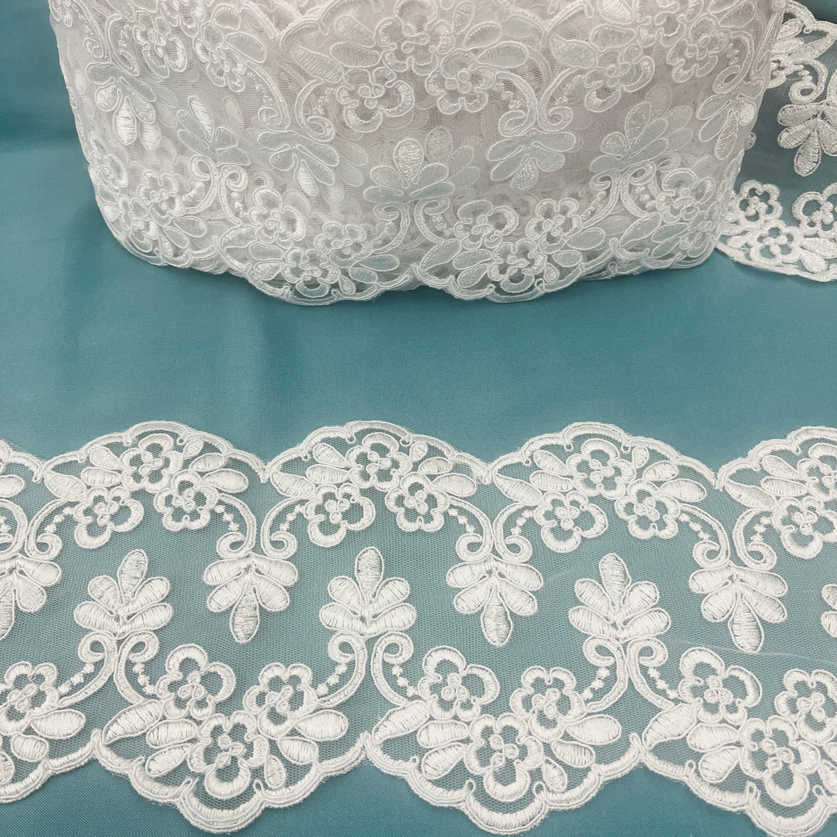1 Yard Corded Double Sided Lace Trimming Embroidered on 100% Polyester Net Mesh 6" Wide