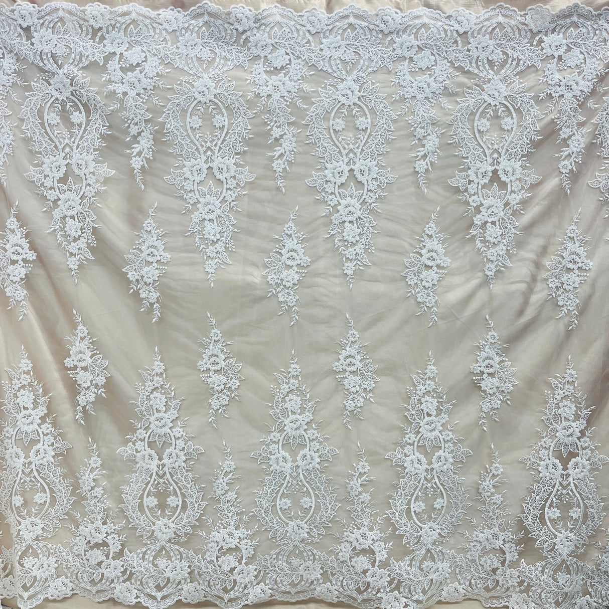 1 Yard White Beaded & Corded Bridal Lace Fabric, Embroidered Polyester Net Mesh, 54" Wide,