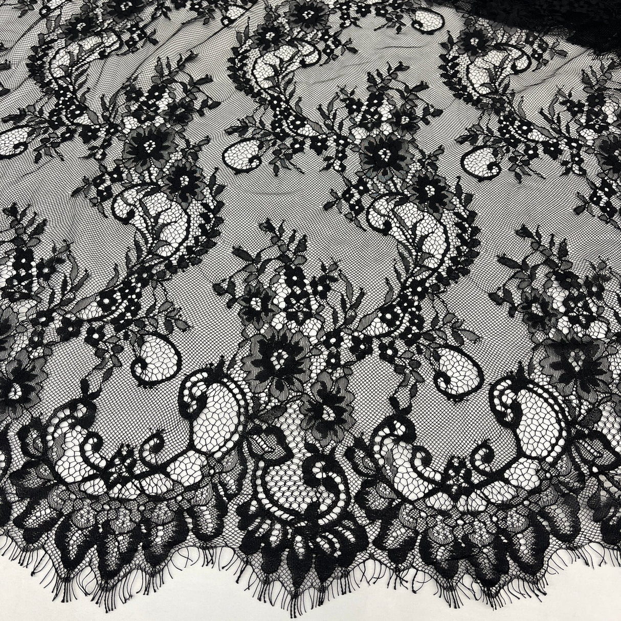 1 Yard Chantilly Embroidered Lace Fabric with Eyelash Scallop, 58" Wide French Alençon Bridal & Evening Lace