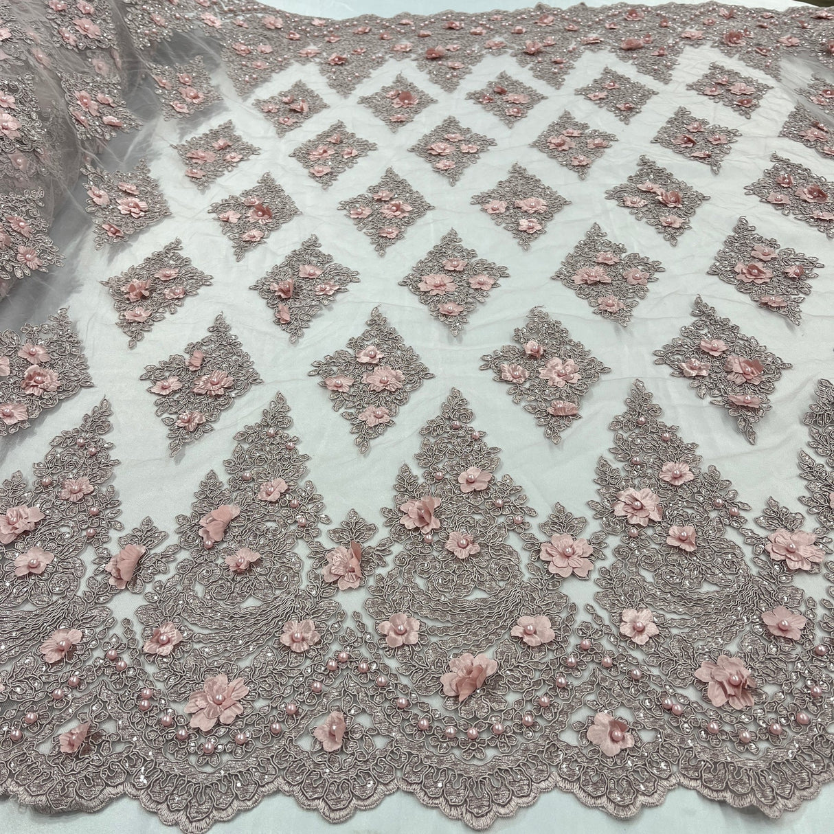 1 Yard Wine Beaded 3D Floral Lace Fabric Embroidered Polyester Net Mesh 51 Inch Width