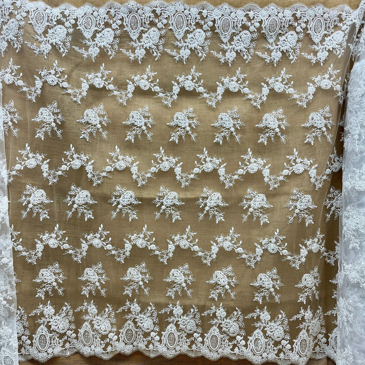 1 Yard Beaded & Corded Bridal Lace Fabric on Polyester Net Mesh, Embroidered, 49" Wide, Elegant Wedding Fabric