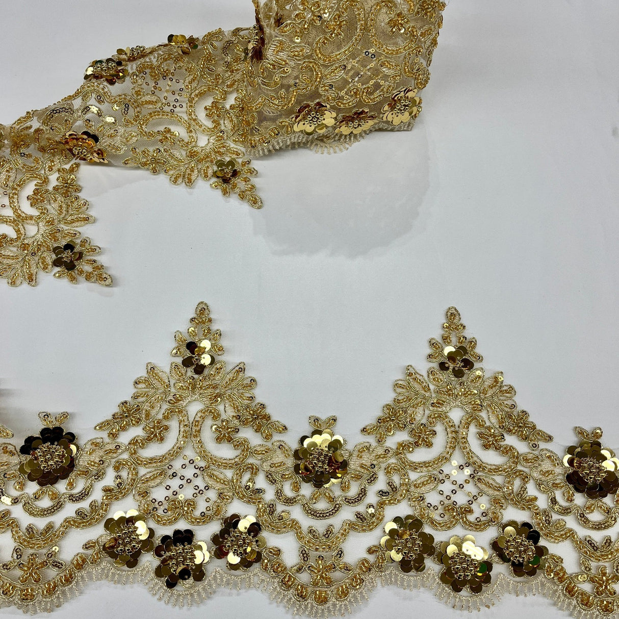 1 Yard Embroidered on 100% Polyester Net Mesh 7" Wide Beaded & Corded Floral Lace Trimming