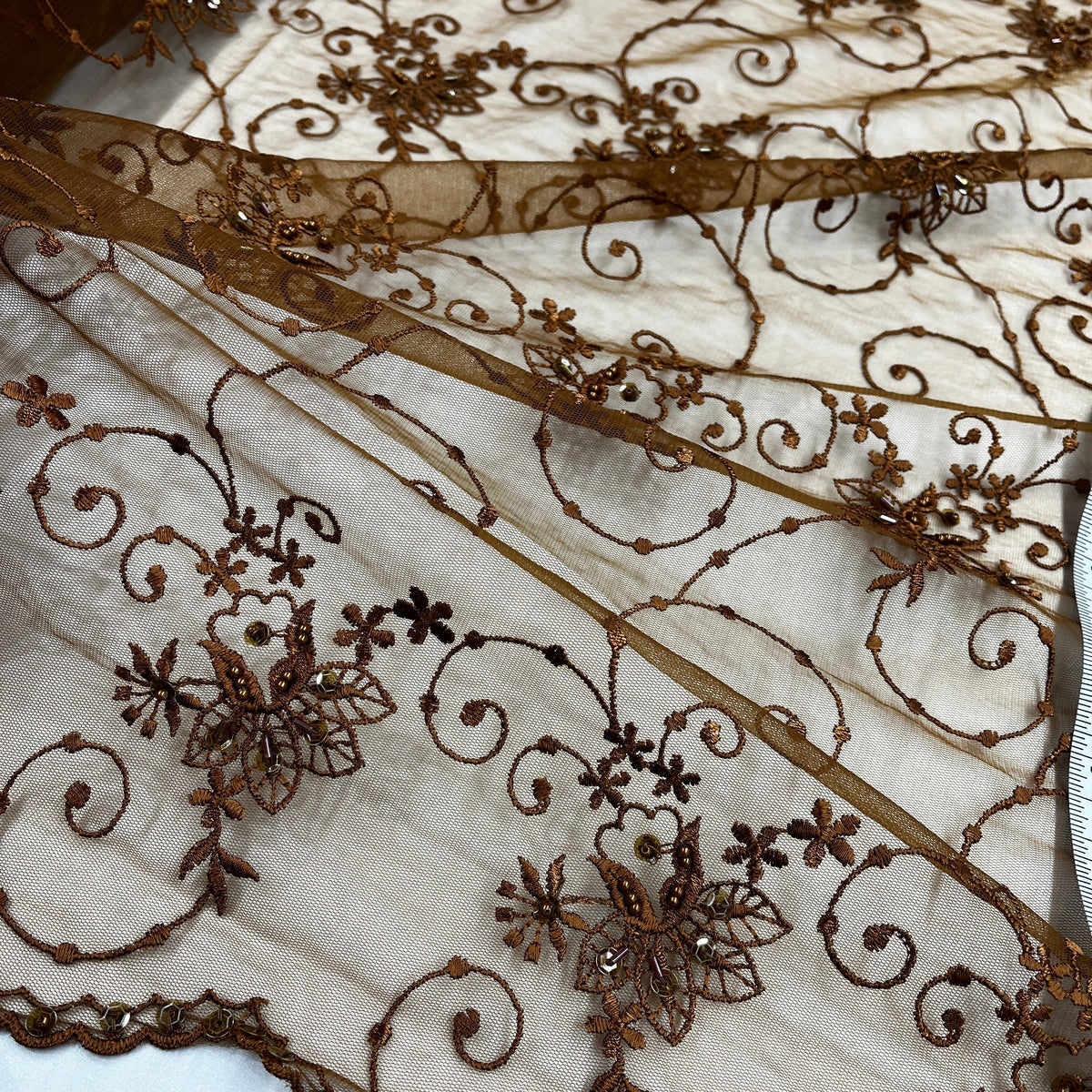 1 Yard Elegant Beaded Lace Fabric on 100% Polyester Mesh, Embroidered Floral Design for Gowns & Decor