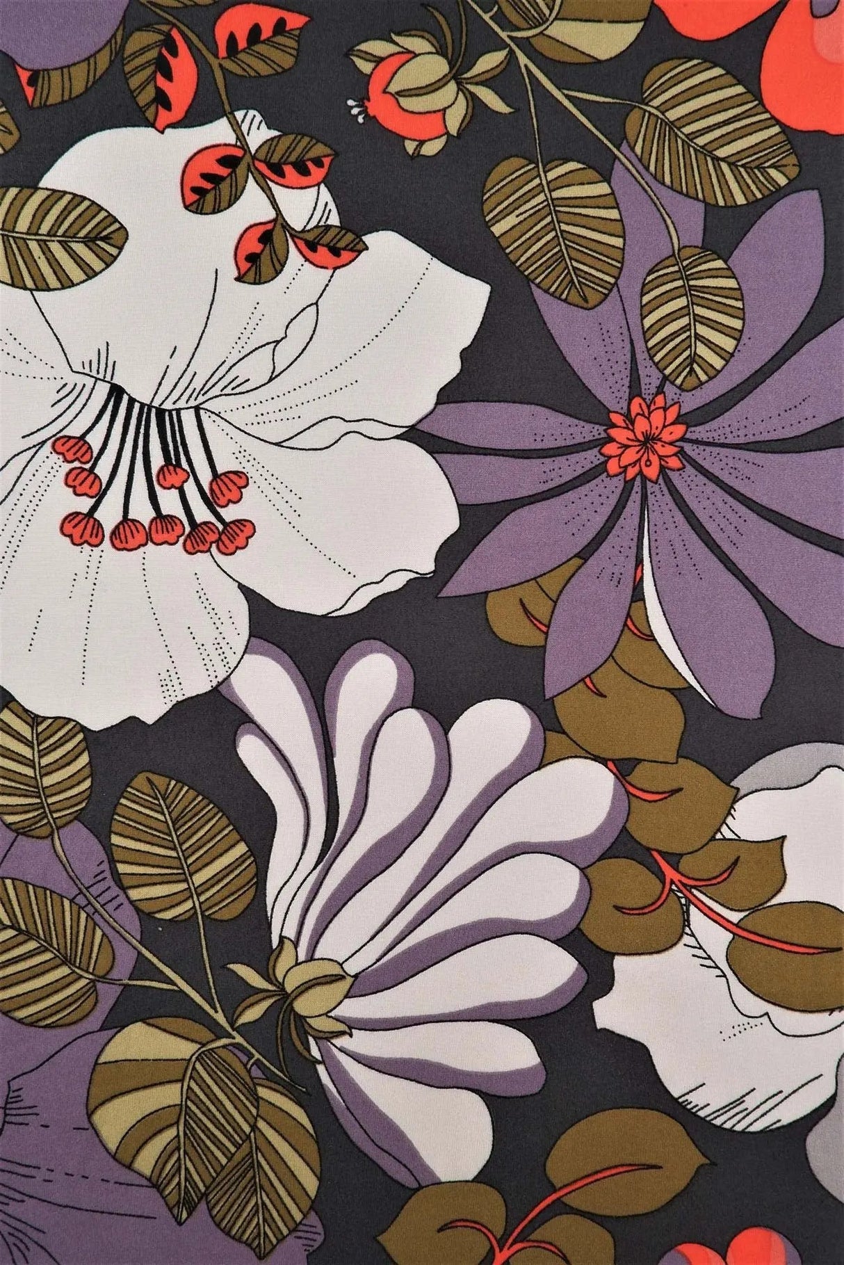 1 Yard Charcoal Retro Floral Fabric DTY Brushed Knit 60s/70s Style Print 58/60" Wide