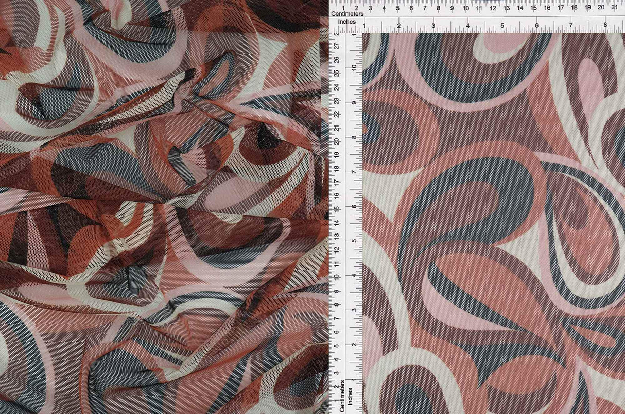 1 Yard Polyester Spandex Mesh Fabric Retro Paisley Geo Print Soft Sheer 58/60" Width