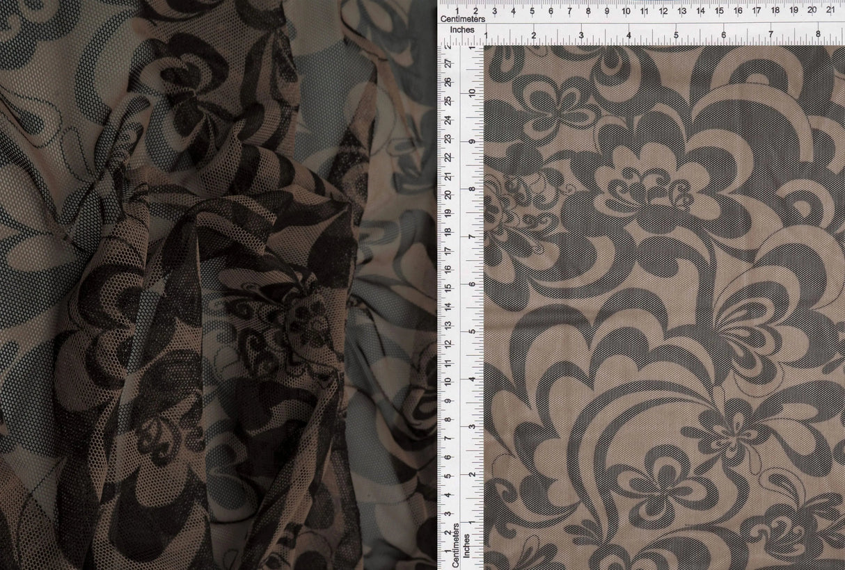 1 Yard Khaki Coffee Floral Mesh Fabric Big Flower Stretch 54 Inches Wide