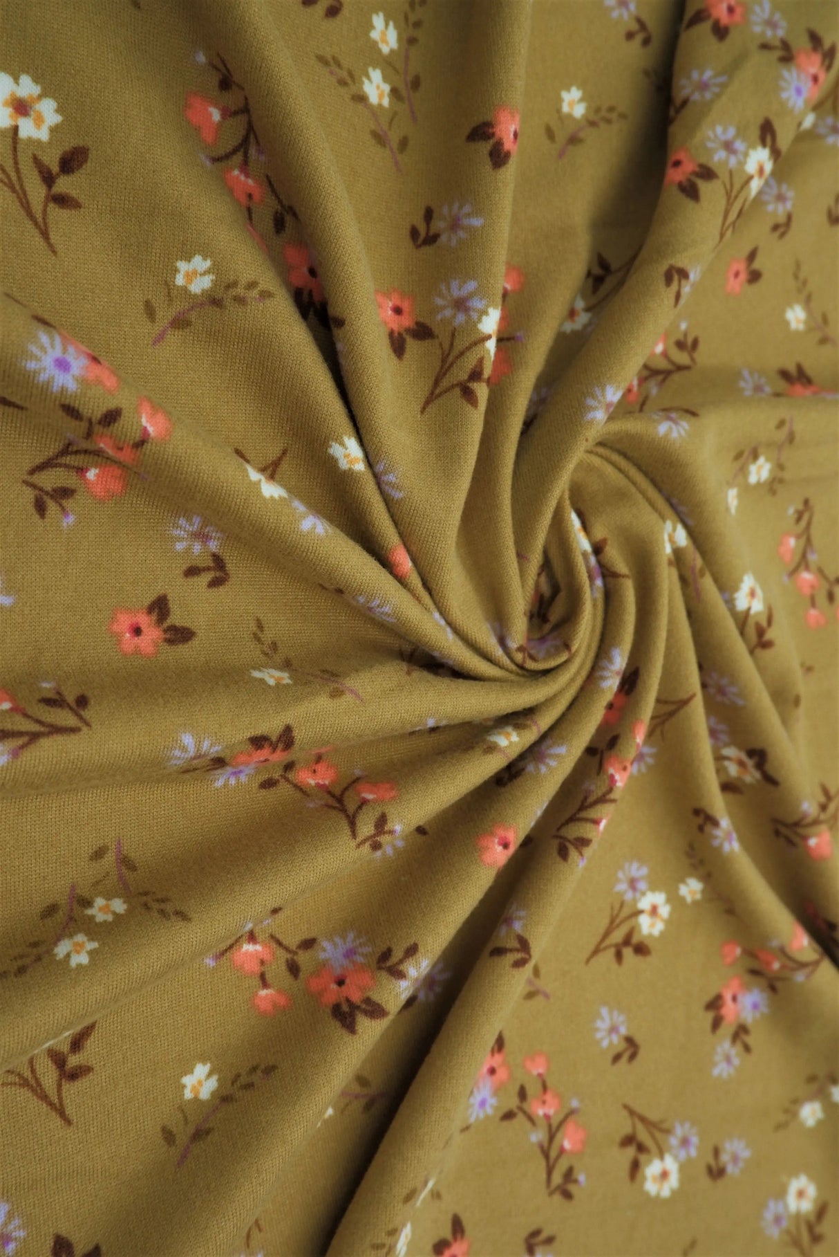 1 Yard Olive Vintage Ditsy Floral DTY Brushed Knit Fabric Soft Stretch 58 Inches Wide