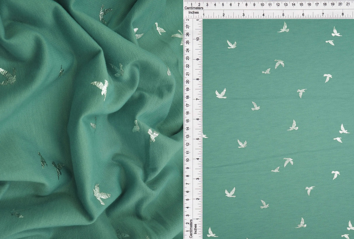 1 Yard Bird Foil French Terry Knit Fabric Soft Stretch 58 Inches Wide
