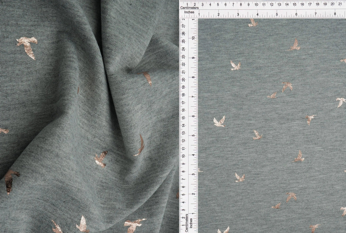 1 Yard Bird Foil French Terry Knit Fabric Soft Stretch 58 Inches Wide