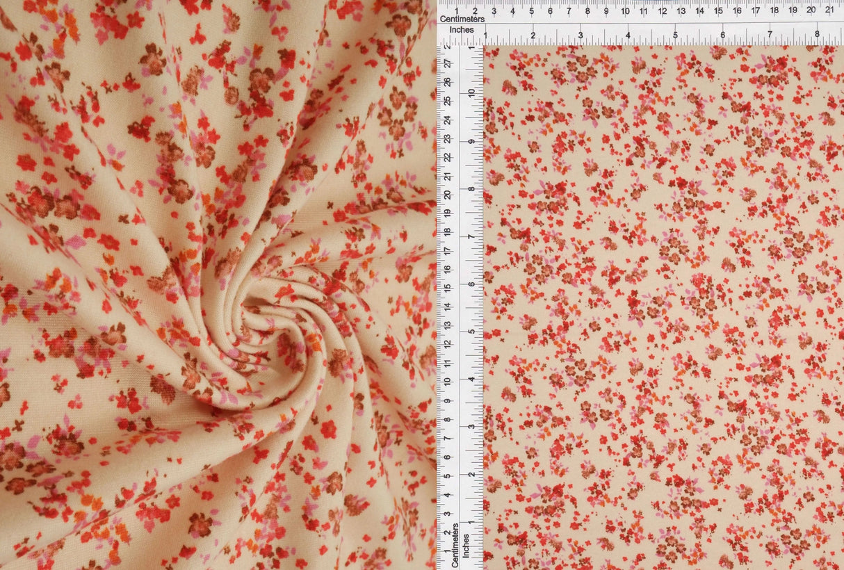 1 Yard Sand & Red Ditsy Floral Brushed DTY Knit Fabric Soft Stretch 58/60" Wide