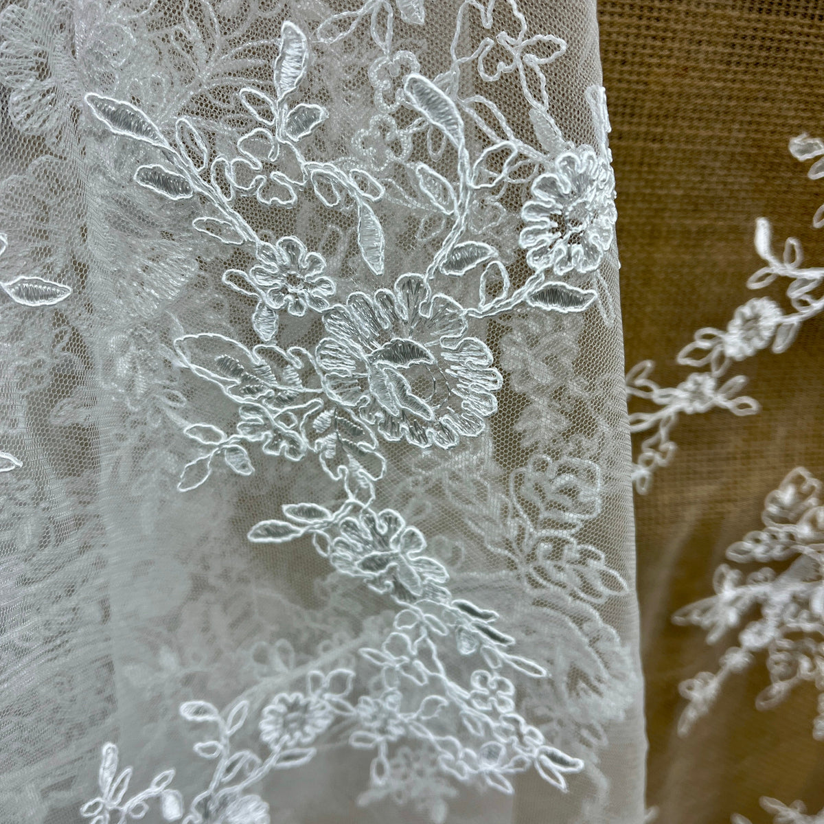 1 Yard Corded Bridal Lace Fabric Embroidered on 100% Polyester Net Mesh, 52" Wide