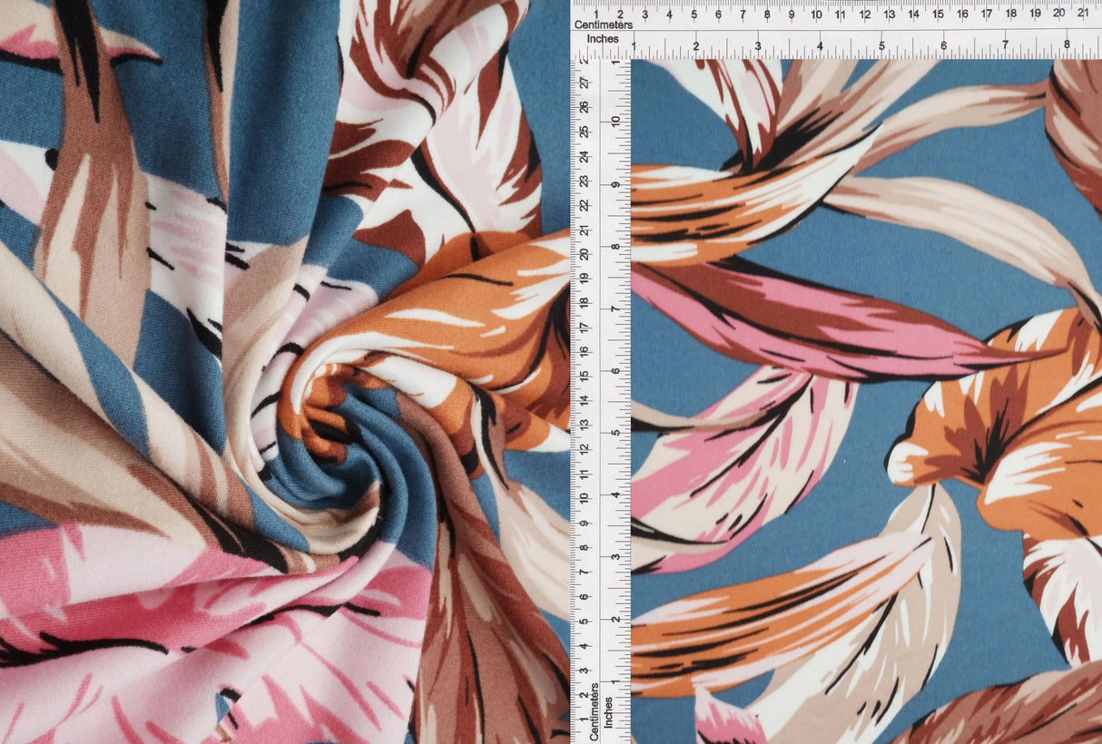 1 Yard Brushed DTY Leaf Print Knit Fabric 170 GSM, 58/60'' Wide Polyester Spandex Blend