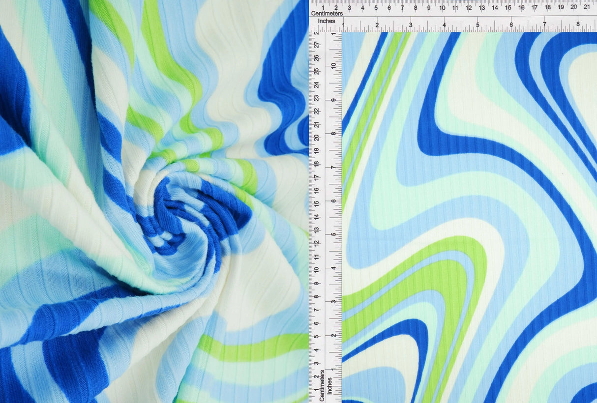 8x3 Yummy Rib Abstract Tie Dye Knit Fabric, Soft Stretch Polyester Spandex 58/60” Wide