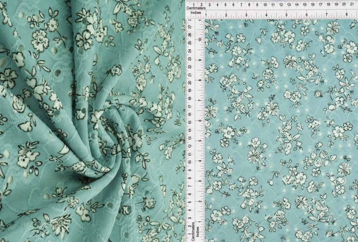 1 Yard Jacquard Eyelet Floral Knit Fabric 190 GSM, 58/60'' Wide Polyester Spandex Blend Sage