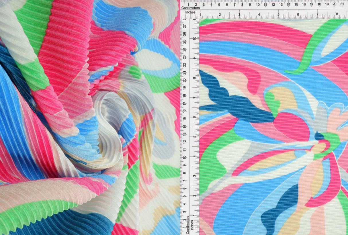 1 Yard Bodre Pleated Pucci Floral Knit Fabric 150 GSM, 58/59'' Wide 100% Polyester Fuchsia Multi