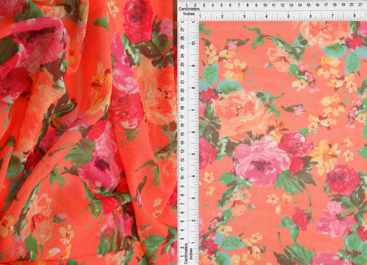 1 Yard Digital Floral Mesh Knit Fabric, 54'' Wide Polyester Spandex Blend