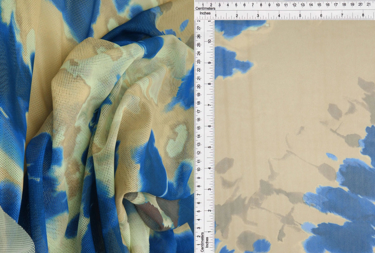1 Yard Indigo Digital Abstract Mesh Print Fabric, 54'' Wide Polyester Spandex Blend