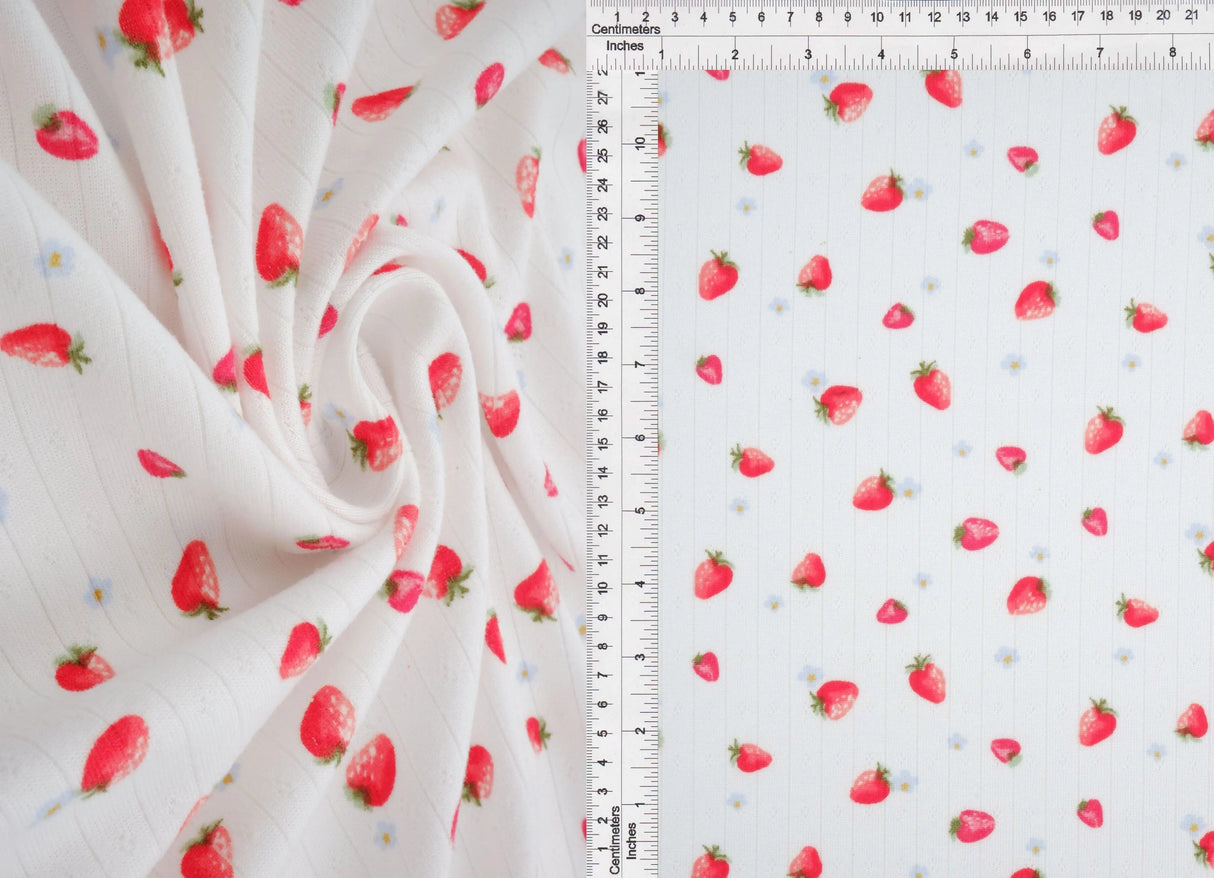 1 Yard 93% Polyester 7% Spandex Cotton-Style Pointelle Strawberry Print Fabric 58/60" Width