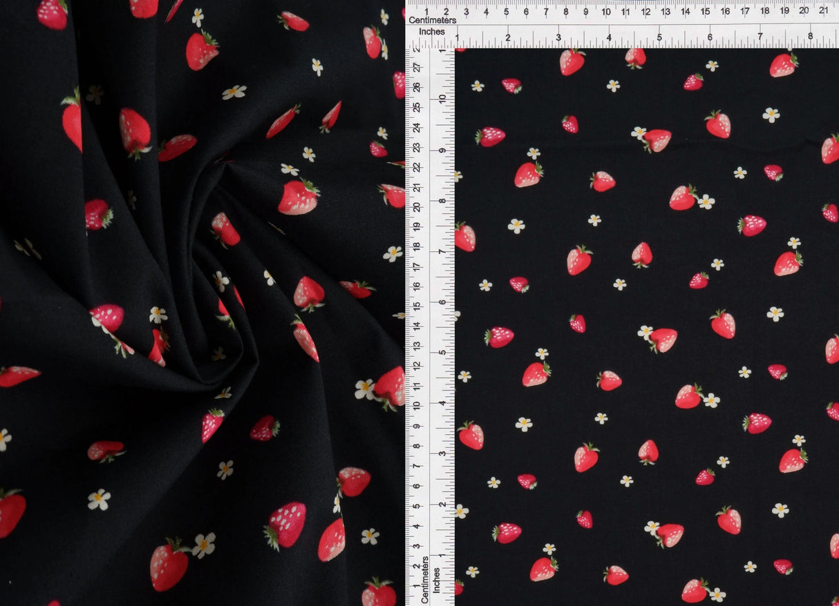 1 Yard Stretch Poplin Strawberry Print Fabric, 57/58'' Wide Cotton Spandex Blend
