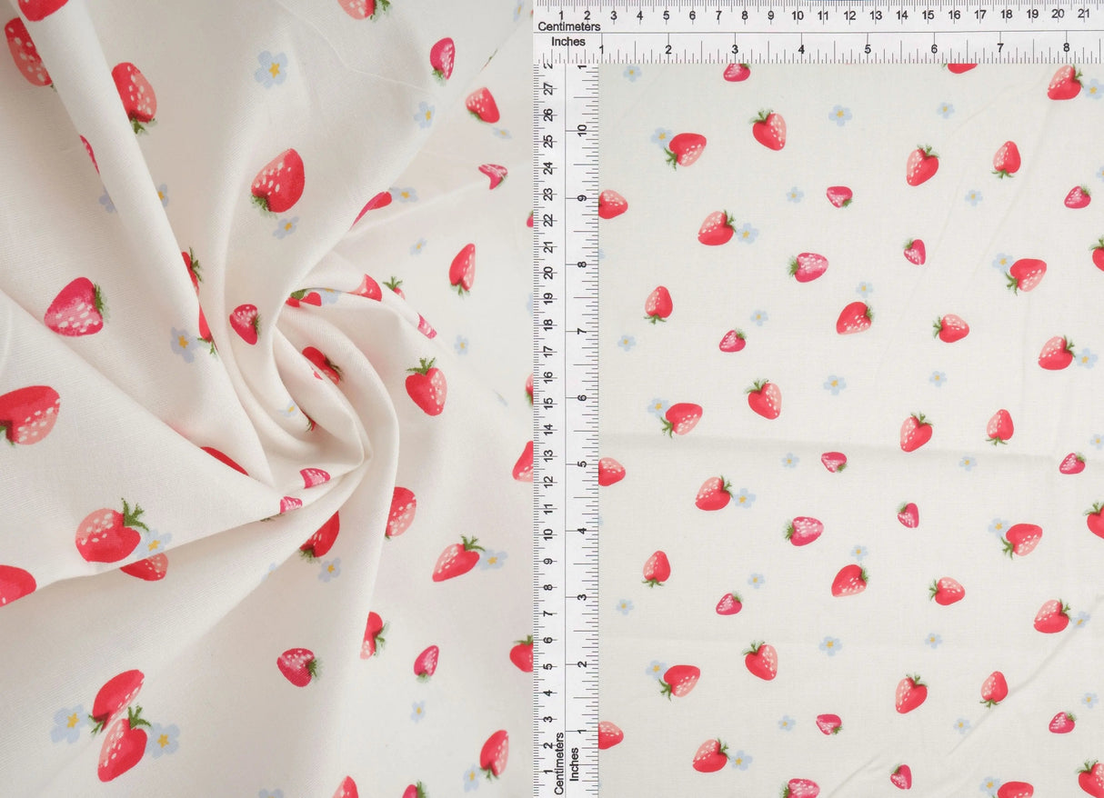 1 Yard Stretch Poplin Strawberry Print Fabric, 57/58'' Wide Cotton Spandex Blend