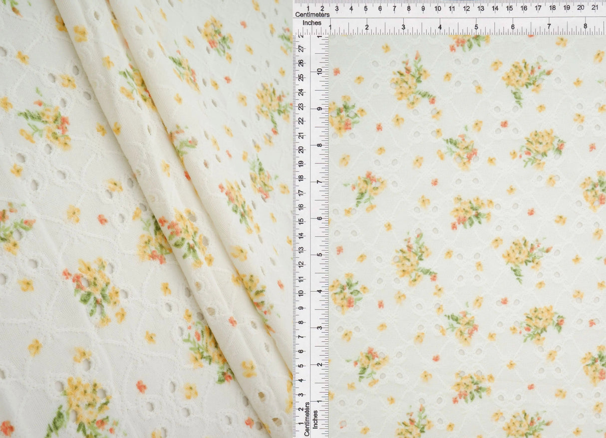 1 Yard Soft Stretch Yellow DTY Knit Jacquard Eyelet Ditsy Print Fabric 58/60 Inches Wide