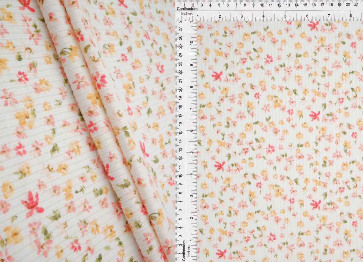 1 Yard Yellow Butter 4x2 Yummy Rib Knit Fabric Ditsy Print 58/60 Inches Wide