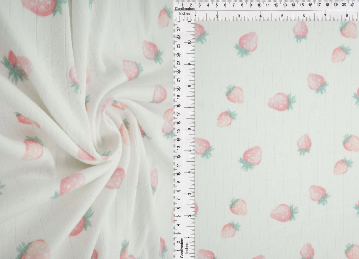 1 Yard Cotton Style Pointelle Strawberry Print Fabric 220 GSM Poly Spandex Knit 58/60" Width