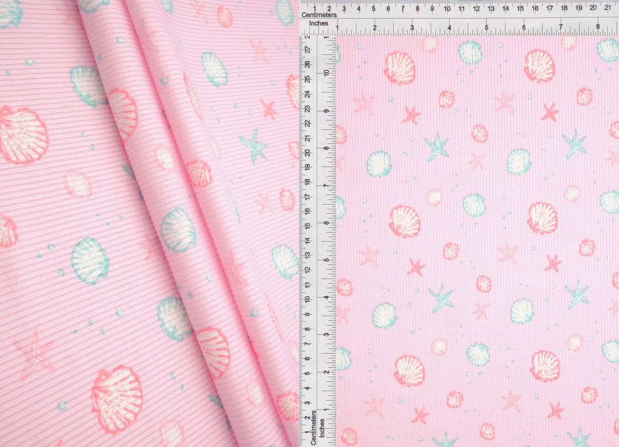 1 Yard Cotton Feel 2x2 Rib Knit Fabric Under the Sea Print, 230 GSM, 58/59'' Wide Polyester Spandex Blend