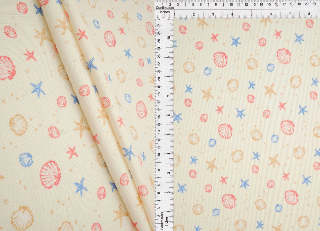 1 Yard Cotton Feel 2x2 Rib Knit Fabric Under the Sea Print, 230 GSM, 58/59'' Wide Polyester Spandex Blend