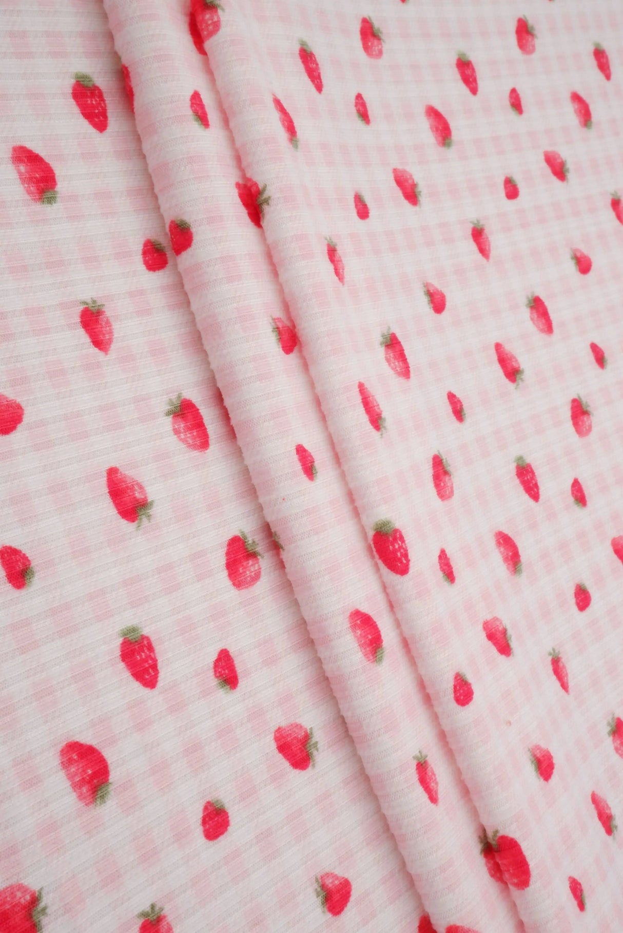 Soft Stretchy 4x2 Yummy Rib Fabric with Strawberry Print 58/60" Wide Polyester Spandex Blend