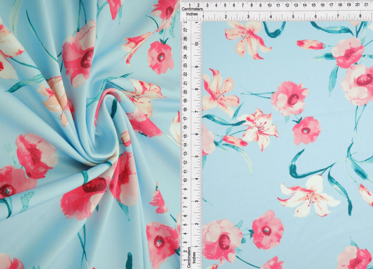 1 Yard Digital Floral DTY Knit Fabric 190 GSM, 58/60'' Wide Polyester Spandex Blend
