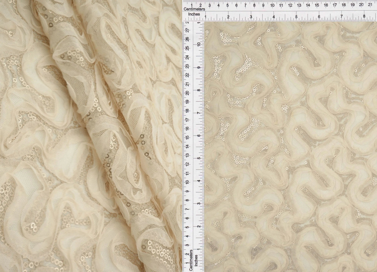 1 Yard Peach Mesh Sequins Embroidery Fabric, Polyester Spandex Blend