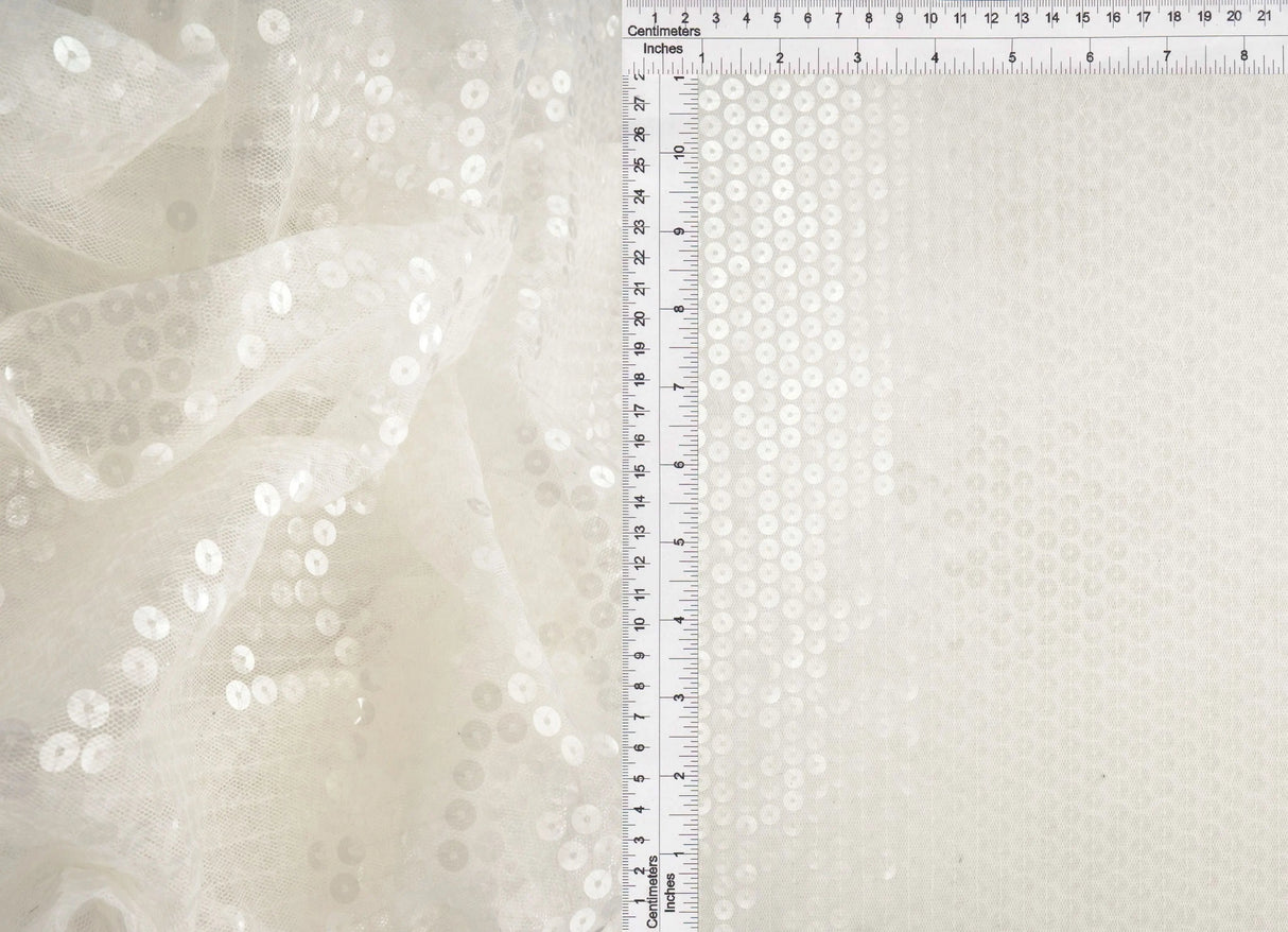 1 Yard White Mesh Sequins Embroidery Fabric, Polyester Spandex Blend