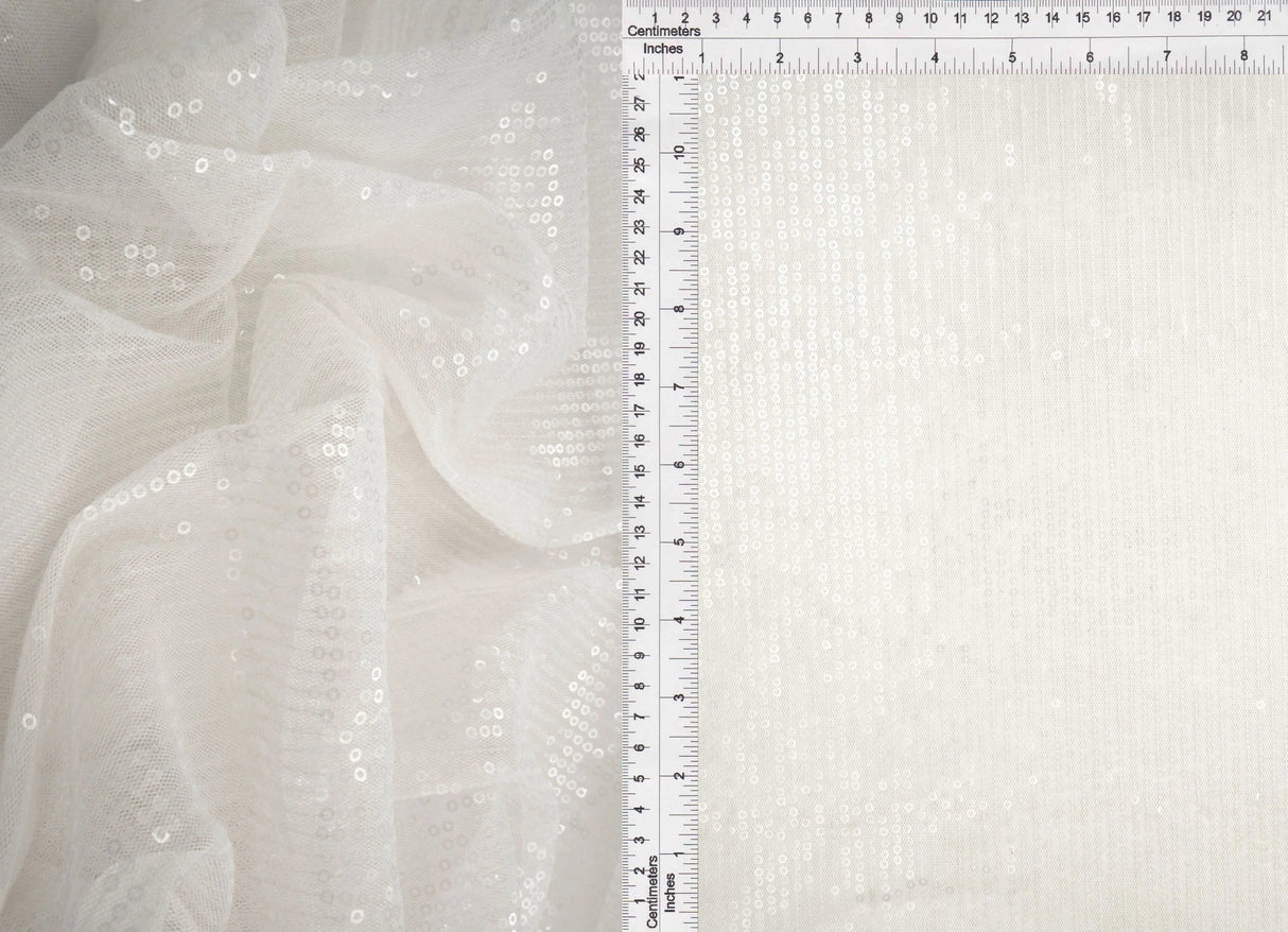 1 Yard Ivory Mesh Sequins Embroidery Fabric, Polyester Spandex Blend