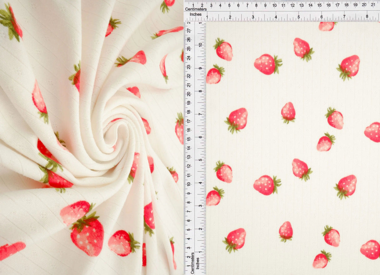 1 Yard Cotton Style Pointelle Strawberry Print Fabric 220 GSM Poly Spandex Knit 58/60" Width