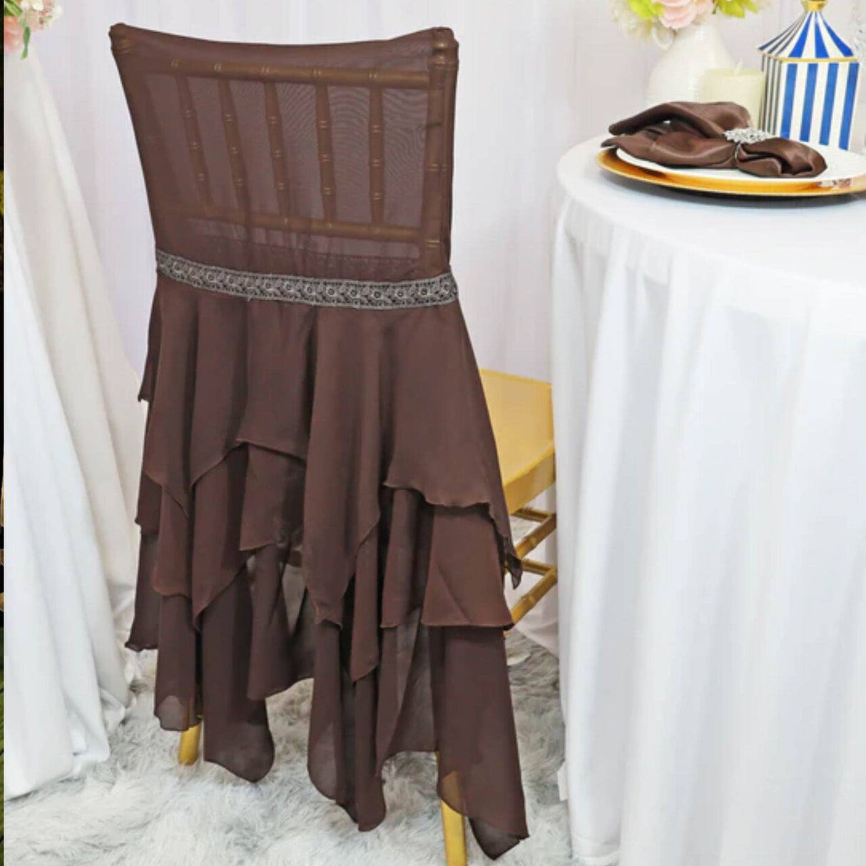 1 Piece Rich Chocolate Chiffon Chair Cover with Sash Elegant Wedding Backdrop