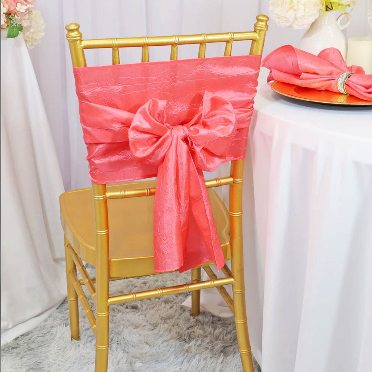 10 Pieces Coral Crushed Taffeta Chair Wraps, 9.5"x108" Stylish Event Decorations
