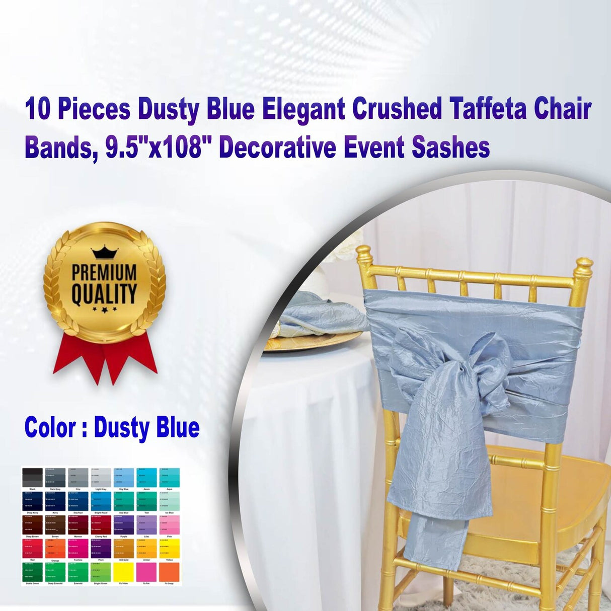 10 Pieces Dusty Blue Elegant Crushed Taffeta Chair Bands, 9.5"x108" Decorative Event Sashes