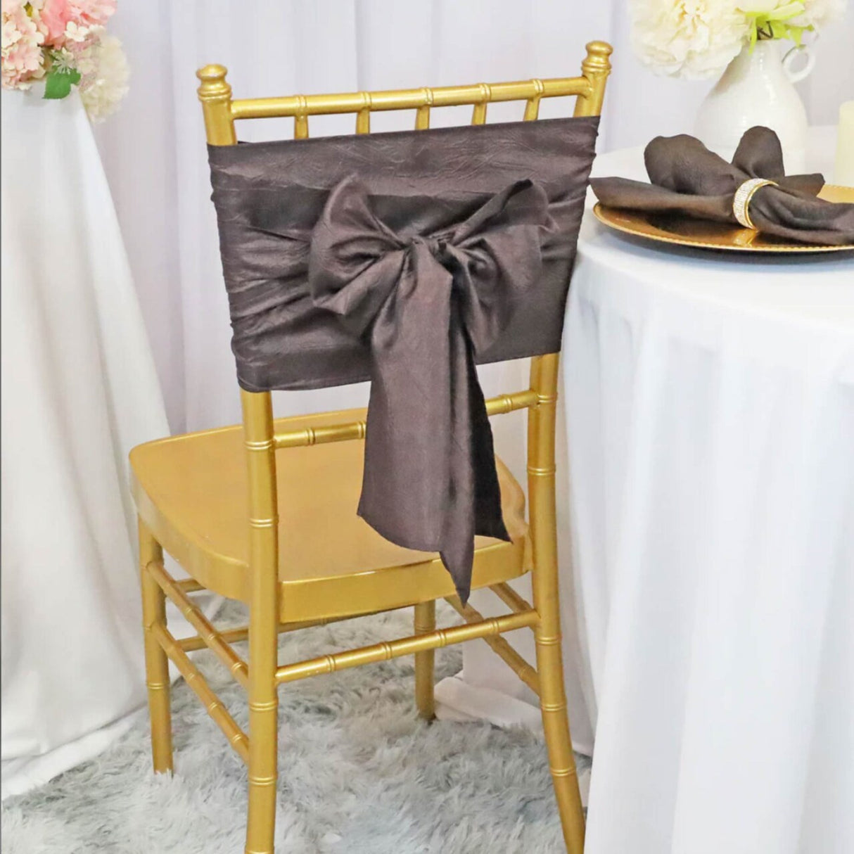 10 Pieces Chocolate Crushed Taffeta Chair Wraps, 9.5"x108" Elegant Event Bands