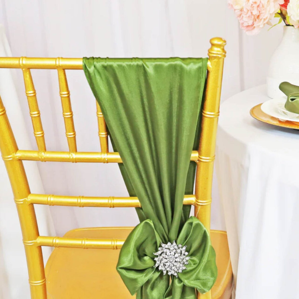 10 Pieces Moss Green Satin Chair Strips, 8"x108" Sophisticated Event Decorations