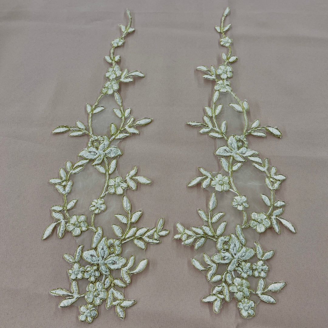 1 Pair Beaded & Corded Floral Lace Applique 100% Polyester Organza 17" x 4.5"