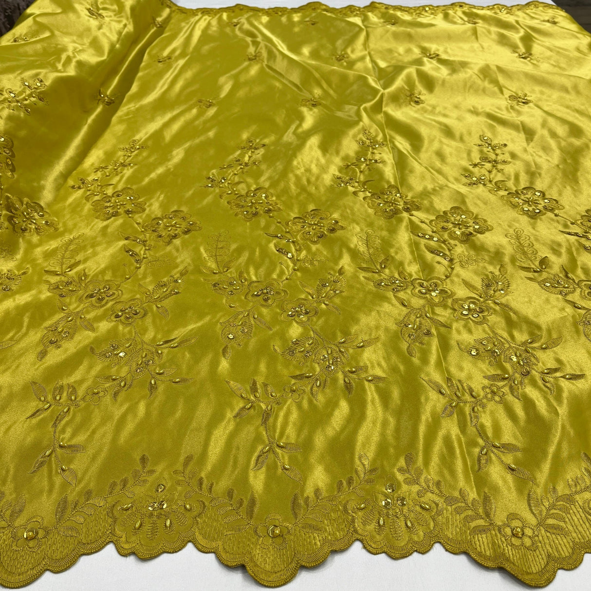 1 Yard Beaded Bridal Lace Fabric Embroidered Floral Satin Gown Couture 54" Width